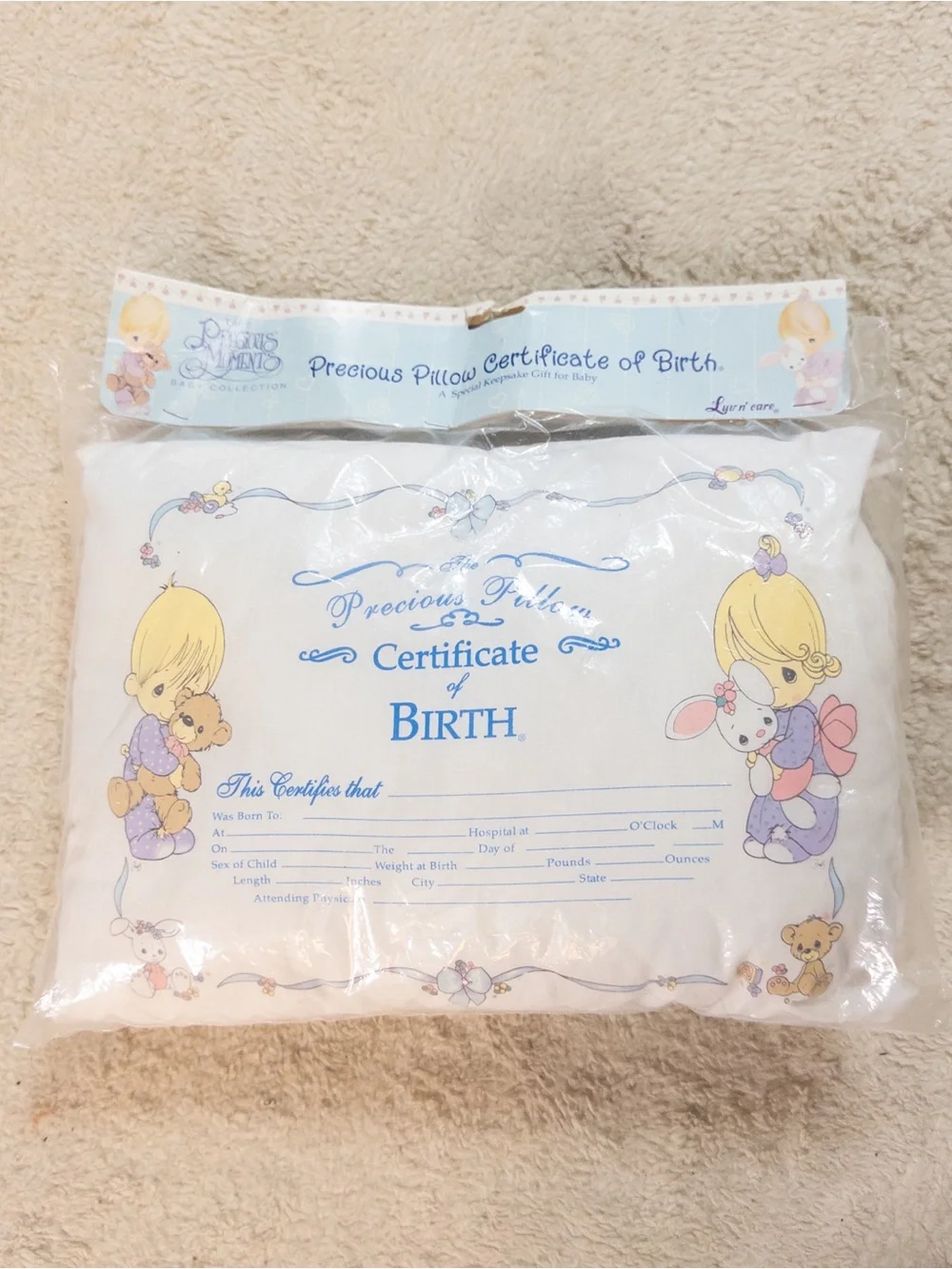 Vintage 90s Precious Moments Certificate of Birth Baby Pillow NWT